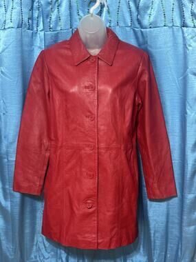 Yvonne & Marie red Leather Jacket Midi Length Button Down SZ 6 Small